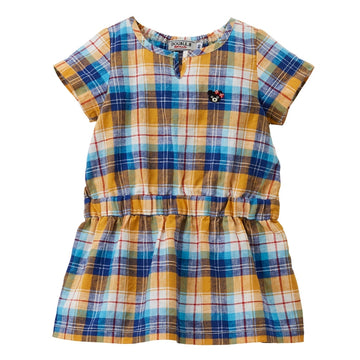 Linen blend yarn-dyed lattice short-sleeved dress